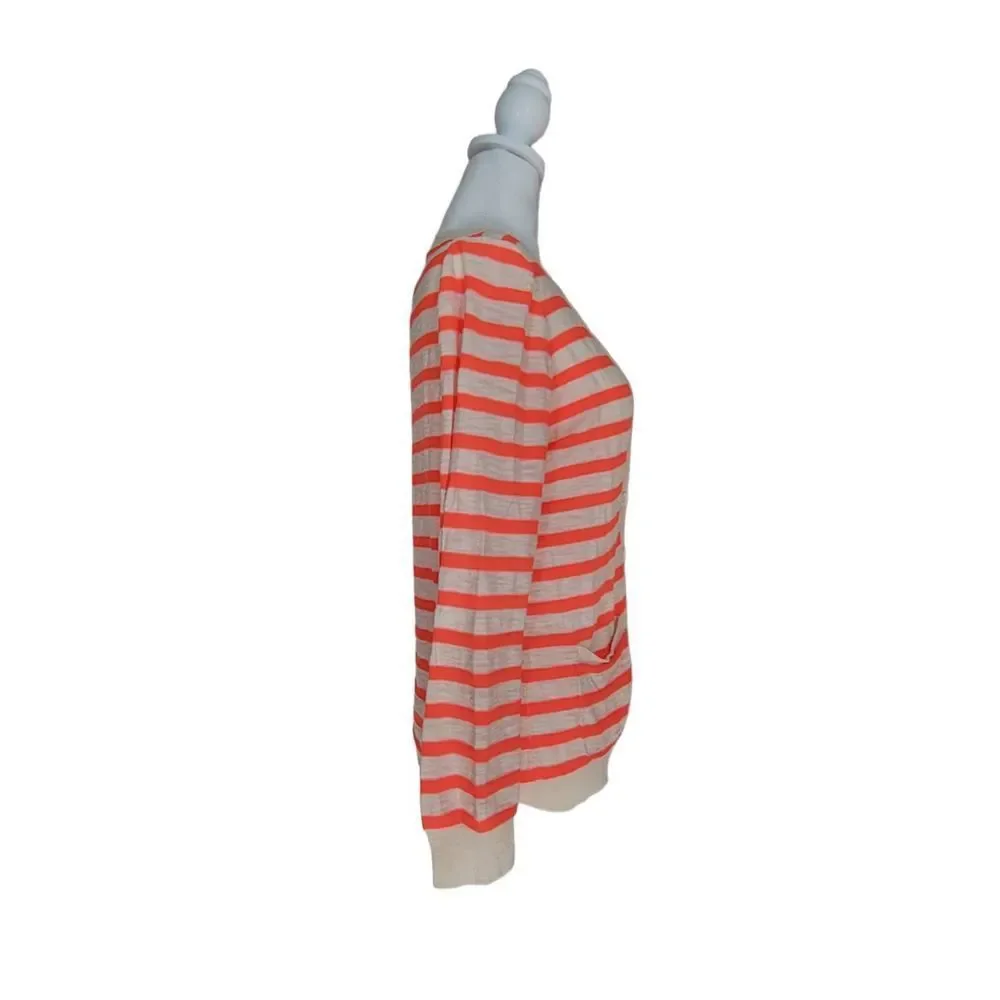 J. Crew Sweater Cardigan Women's Small Orange Cream Striped Long Sleeve Cotton